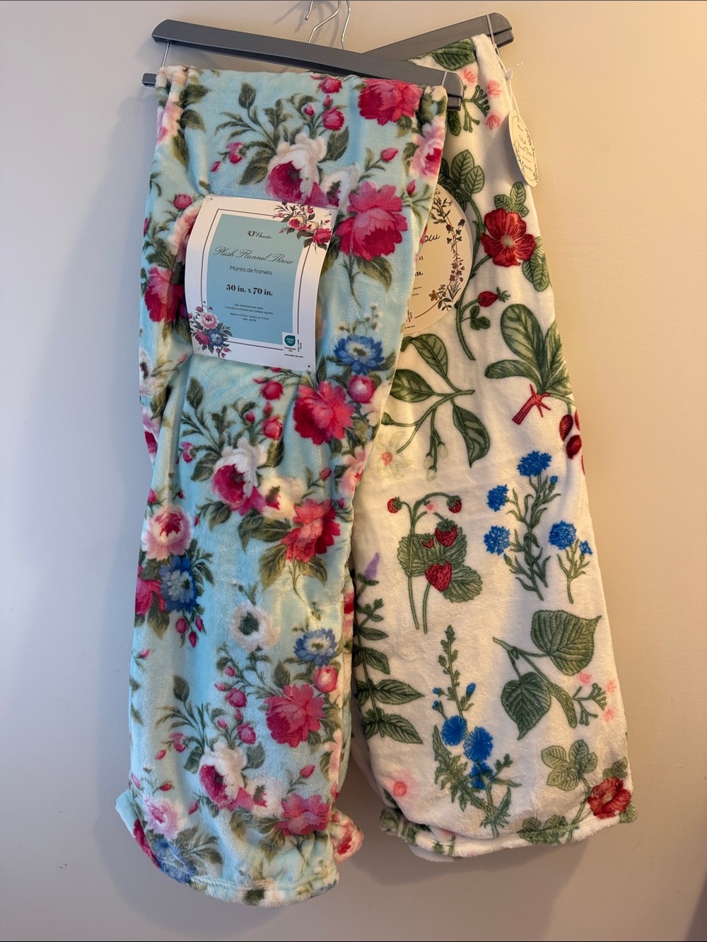 TWO Floral Plush Fleece Throw Blanket - Pink & Blue Floral